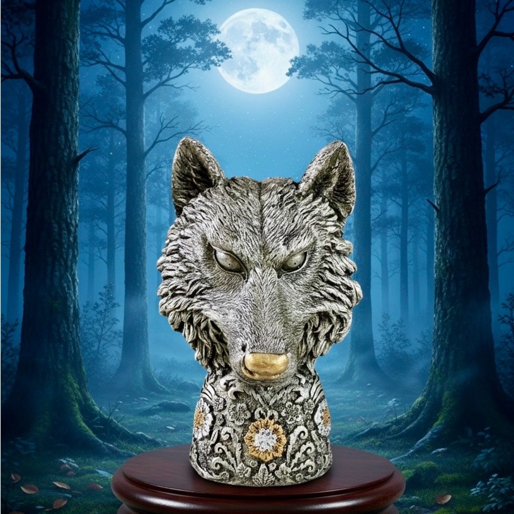 Wolf Head Decorative Bust in Silver and Gold Accent - Home Art